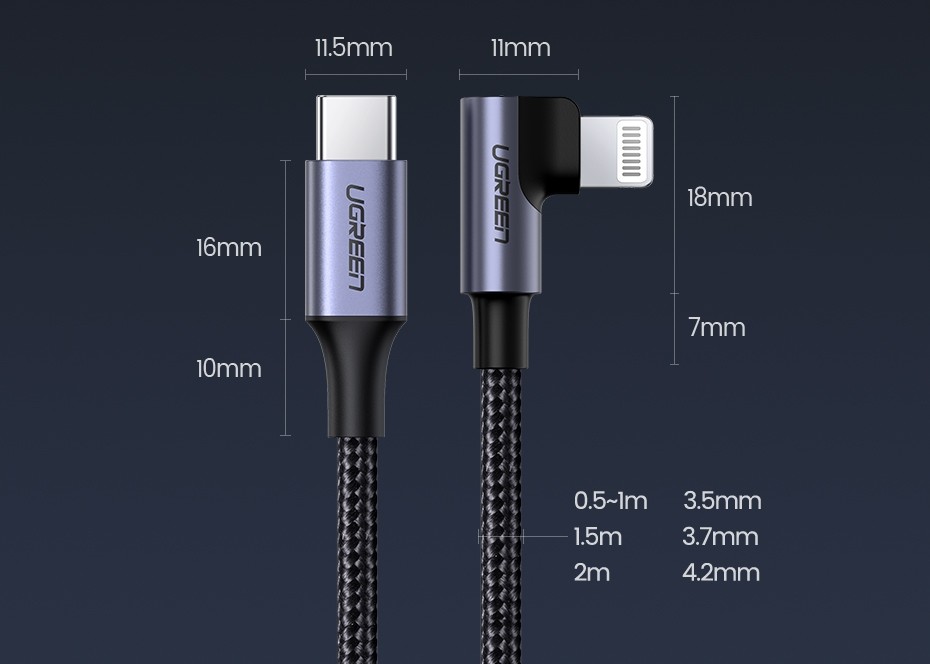 UGREEN 60763 USBC to Lightning 90 Degree Cable 1M