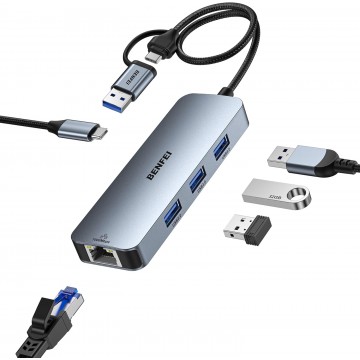 BENFEI 000386GY USB-C + USB 3.0 to Gigabit RJ45 + 3 Port USB 3.0 Hub Compatible with Mac