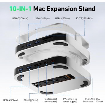 BENFEI 000438GY 10 in 1 USB-C Docking Station - 10Gbps NVMe SSD Enclosure + 4K DP , USB-C x 2, USB-A x 4, SD/TF