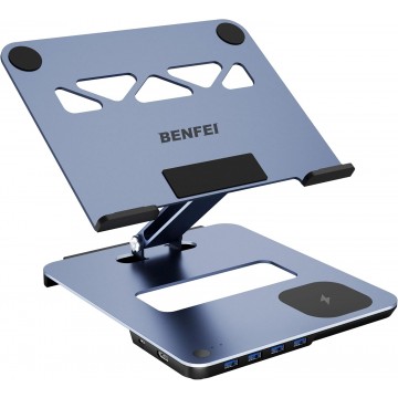 BENFEI 000366GY Laptop Stand with USB C Hub, Multi Function With USB and KVM Switch and 15W Wireless Charger