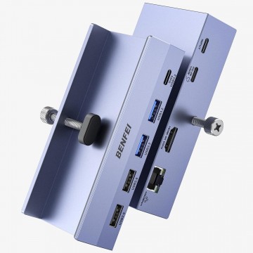 BENFEI 000396GY USB-C 8 in 1 Hub with Secure Clamp - 4K/60Hz HDMI + USB-C(10G)+ 2 * USB2.0 + 2 * USB3.0 + RJ45 +PD100W