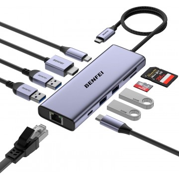 BENFEI 000495GY 10 in 1 USB C Hub 4K HDMI + RJ45 + 100W PD + USB-C + USB x 4 +TF/SD Reader