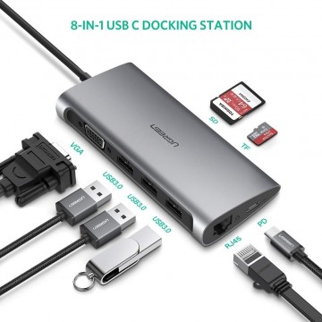UGREEN 50539 USB Type C 8 in 1 Multifultion adaptor VGA/RJ45/USB3.0 x 3/SD/TF/TypeC PD Protocal