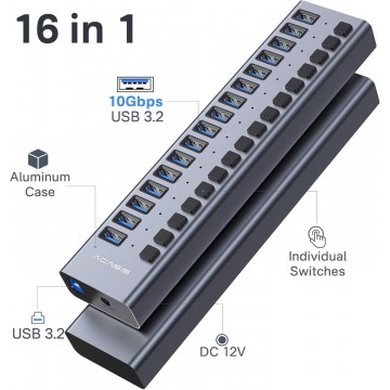 ACASIS HS-716MG USB 3.2  Gen2 10Gbps 12V/8A 16 Port USB-A + On/Off Switch with AC Power Adapter for PC & Laptop