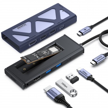 BENFEI 000389GY 6-in-1 M.2 NVMe Enclosure with USB-C Hub 10Gbps 100W PD 4K@60Hz HDMI USB 3.2 for MacBook Pro/Air Dell XPS iPad Pro