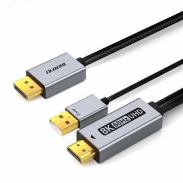 BENFEI 000419GY 8K DisplayPort V1.4 to HDMI V2.1 Aluminum Shell, Nylon Braided Cable 1.8M 