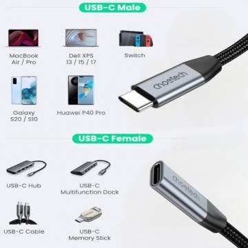 Choetech XCC-1039 240W USB-C Extension Cable 10Gbps PD Fast Charging 2M Black