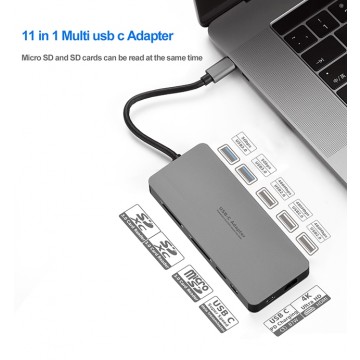Intact 9845T 11 in 1 USB-C Adapter HDMI/USB3.0*2/USB2.0*3/TypeC/SD*2/TF/ USB-C PD