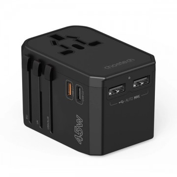 Choetech PD6045 GaN Tech 2C+2A 45W Travel Adapter with US EU UK AU Plugs - Black