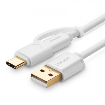 UGREEN 30171 USB 2.0 Type A Male to Micro USB & Type-C Cable White 1M 